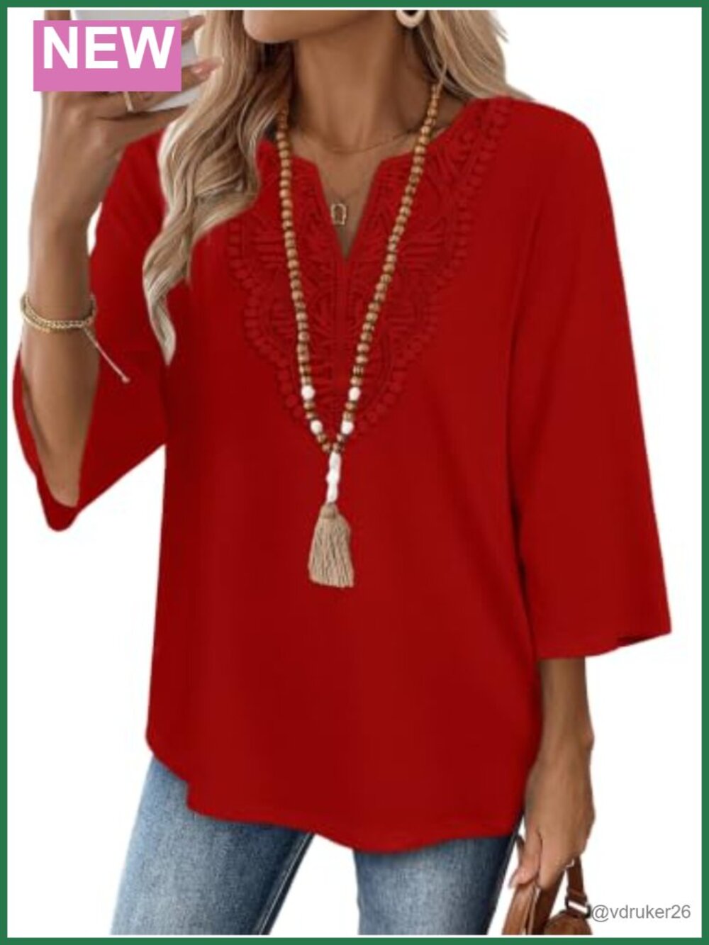 Womens Boho V Neck Lace 3/4 Sleeve Blouse Tunic Top